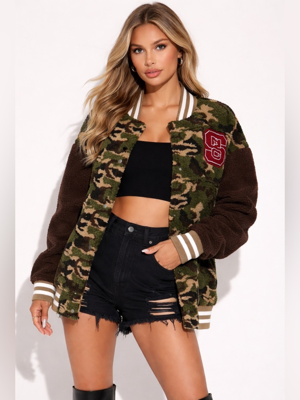 Fashion Nova Camo Sherpa Varsity Jacket| Sweater in Brown & Green